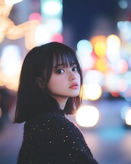 Canvas Print - Young Asian woman with bob haircut and bangs looking over shoulder in city lights.  Nighttime portrait of urban style and beauty.