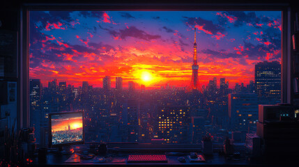 Poster - Anime-Style Illustration of a Cozy Study Overlooking Tokyo Skyline at Sunset with Computer and Books, Serene and Contemplative Atmosphere, Ideal for Study and Relaxation