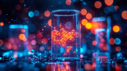 Poster - Vibrant Chemical Reaction in Beaker with Macro Bubbles and Bokeh Light Effects at Night for Scientific Research and Educational Visuals
