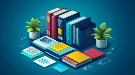 Poster - Mobile Document Management Apps with Scanning, Editing, and AI Integration Featuring Books, Pens, and Potted Plants on a Desk for Business Productivity