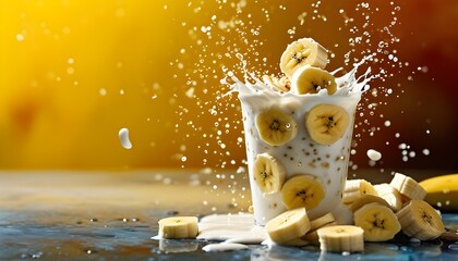 Wall Mural - Refreshing yogurt smoothie with banana pieces and ice cubes splashing, vibrant yellow tones, and liquid drops creating a lively backdrop