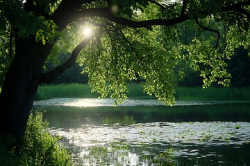 Poster - Sunlight shining through leaves on tree branches over tranquil lake in a forest