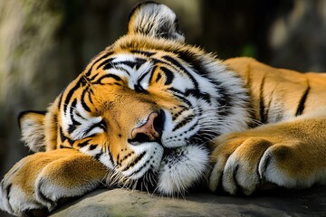 Wall Mural - close up portrait of a sleeping tiger with stripes and white whiskers