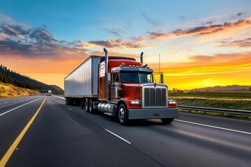 A semi-truck driving down a highway with a sunset in the background, symbolizing long-haul transportation and the logistics industry Semi-truck, Logistics transportation