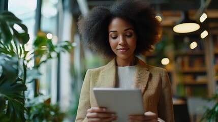 Canvas Print - Focused Vision: A young Black woman, with an elegant afro, intently reads a tablet in a stylish, plant-filled office. Her calm demeanor suggests focus and productivity. 