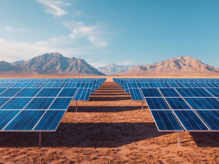 Solar panels in a desert landscape under a clear blue sky.