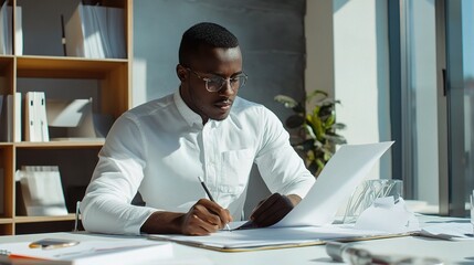 Poster - Focused Professional Reviews Documents in Sunlit Office 