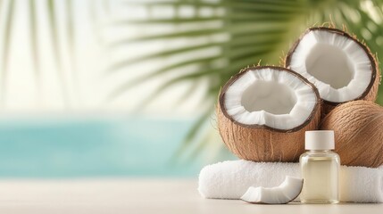 Coconut oil and coconuts on towels with a beach background