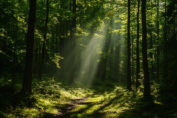  Sunbeams through the Trees in a Lush Green Forest