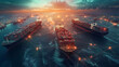 © Elnare - Cargo ships connected by a network of digital lines, sunset over cityscape in background.