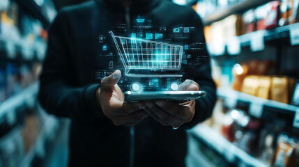 A person holds a smartphone with a virtual shopping cart floating above it. The background is a blurry supermarket aisle.