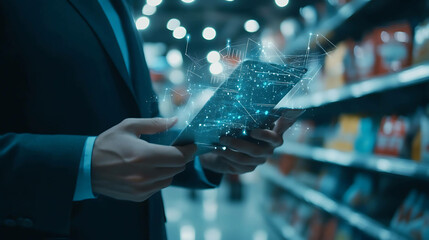 Close-up of a man in a suit using a tablet in a grocery store. Data visualization is shown on the tablet.