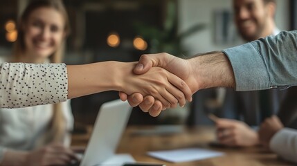 Sticker - Business Partnership Handshake: A close-up shot of a handshake between a man and a woman, symbolizing trust, collaboration, and the forging of a strong business alliance. 