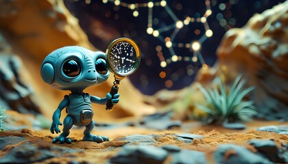 Curious alien exploring horoscope secrets with a magnifying glass in a vibrant macro discovery scene