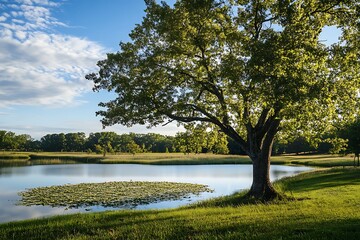 Wall Mural - Tranquil Pond with Green Trees and Lush Grass