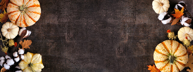Poster - Fall double border of white pumpkins, gourds and natural decor. Top view on a rustic dark stone banner background with copy space.