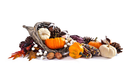 Poster - Thanksgiving cornucopia filled with autumn vegetables, pumpkins and fall decor isolated on a white background
