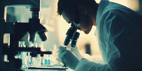 Poster - Scientist working microscope laboratory closeup. Science chemistry biology medicine people concept 