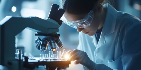 Wall Mural - Scientist doing biochemical research with microscope to develop vaccine in pharmaceutical research laboratories