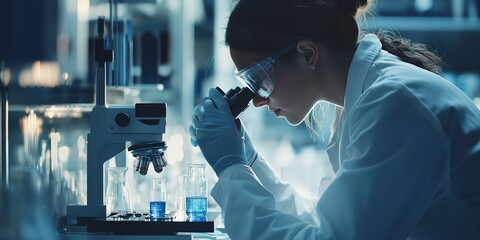 Poster - Scientist doing biochemical research with microscope to develop vaccine in pharmaceutical research laboratories