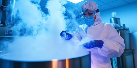 Canvas Print - Revolutionizing the fertility field of cryofreezing and cryosleep, scientist enters liquid nitrogen cryogenic storage, innovation in biotechnology