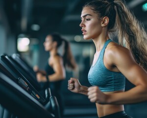 Focused women running on treadmills in a modern gym, showcasing dedication to fitness and health through active workouts.