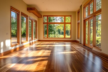 Poster - Spacious empty room with large windows, hardwood floor, and natural sunlight