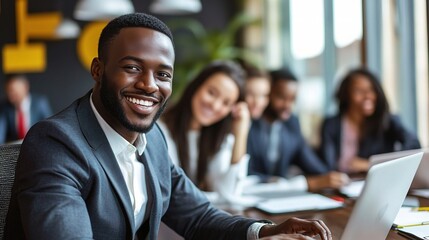 Sticker - Confident Leader, Collaborative Spirit: A young Black professional exudes confidence as he leads his team in a modern office setting. 