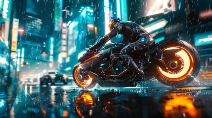 Wall Mural - A captivating visual journey featuring a neon rider in a vibrant futuristic urban landscape.