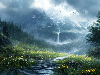 Sticker - Rainy Mountain Landscape with Waterfall and Meadow