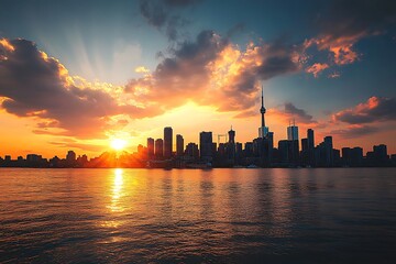 Sticker - Silhouette of Toronto skyline at sunset with vibrant sky