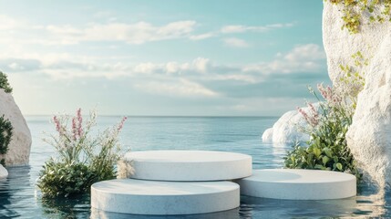 Serene waterscape featuring circular platforms surrounded by flora and tranquil reflections, evoking a sense of peace and natural beauty.