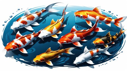 A colorful group of koi fish swimming in a blue pond.