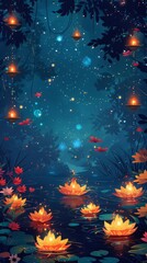 banner background of Navratri Day a magical illustration of a starry night sky adorned with floating candles and flowers, creating an ethereal atmosphere that reflects the spirit of Navratri,