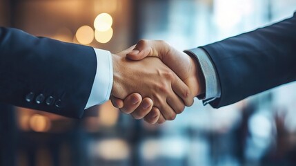 Canvas Print - Sealing the Deal: A firm handshake between business partners against a blurred office backdrop embodies trust and successful collaboration. 