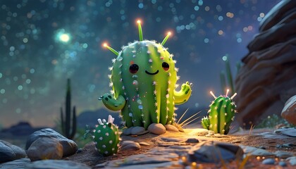 Wall Mural - Friendly alien-like cactus adorned with antenna spines and glowing spots against a starry night backdrop