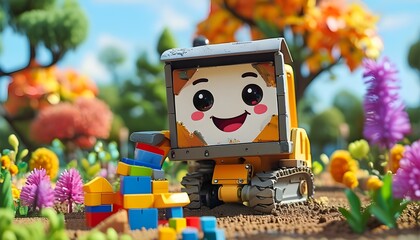 Whimsical garden scene featuring a cute, animated backhoe loader joyfully lifting colorful blocks with a friendly smile