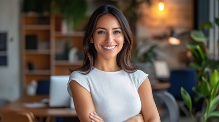 Poster - Confident Entrepreneur, Bright Future: A young Latina businesswoman smiles brightly, exuding confidence and success in her modern office space.