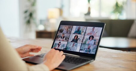 Poster - Video call, business people or hands greeting on screen in virtual meeting for discussion on laptop in home. Remote work, online or person in webinar for teamwork, talking and speaking of project