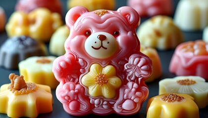 Charming close-up of a bear-shaped candy displaying its adorable expression and exquisite sugary details