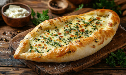 A close-up view of freshly baked traditional khachapuri, filled with melted cheese and garnished with herbs, served on a rustic wooden board, showcasing culinary delight from Georgia.