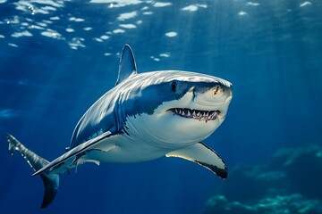 Great White Shark swimming underwater in blue ocean, predatory marine animal