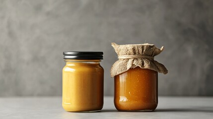 Wall Mural - A jar of chunky peanut butter next to a jar of apricot preserves, isolated on a light grey background for a simple, rustic look