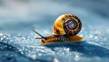 Enchanting close-up of a snail gliding gracefully on ice, leaving delicate trails with a glistening shell in a whimsical winter wonderland