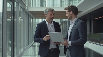 Poster - Strategic Collaboration in Modern Office: Two businessmen, one mature and one younger, engage in a productive discussion over a laptop in a light-filled office atrium. 