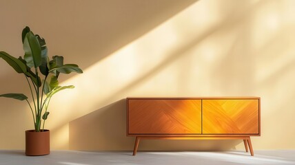 Handfinished teak media console with geometric designs in a minimalist living room, soft ambient lighting, teak furniture, modern artisan