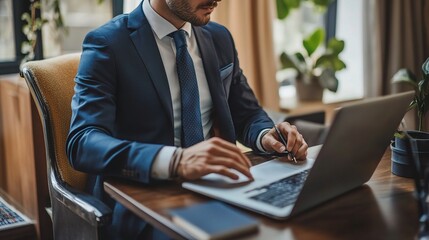 Poster - Sharp Focus, Sharper Mind: Businessman in tailored suit engrossed in work on laptop, embodying modern professionalism and determination. 