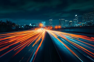 Canvas Print - Night city skyline with colorful light streaks from traffic on highway