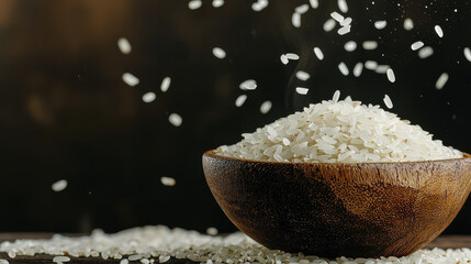 This image highlights a wooden bowl heaped with uncooked white rice grains, with a few grains falling around it. A perfect depiction of staple food and culinary preparations.