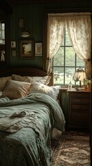 Wall Mural - Cozy Bedroom with Floral Curtains and Rustic Decor